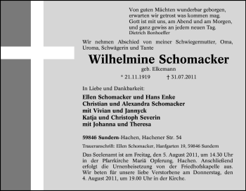 Traueranzeige von Wilhelmine Schomacker von Tageszeitung