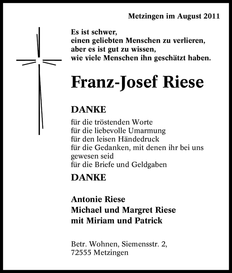  Traueranzeige für Franz-Josef Riese vom 30.08.2011 aus Tageszeitung