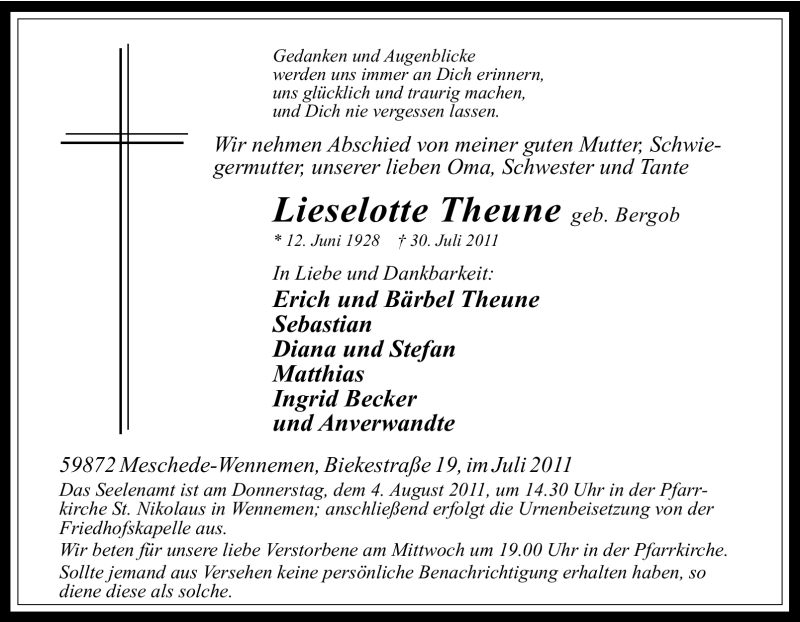  Traueranzeige für Lieselotte Theune vom 02.08.2011 aus Tageszeitung