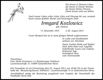 Traueranzeige von Irmgard Kozlowicz von Tageszeitung