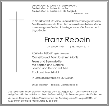 Traueranzeige von Franz Rebein von Tageszeitung