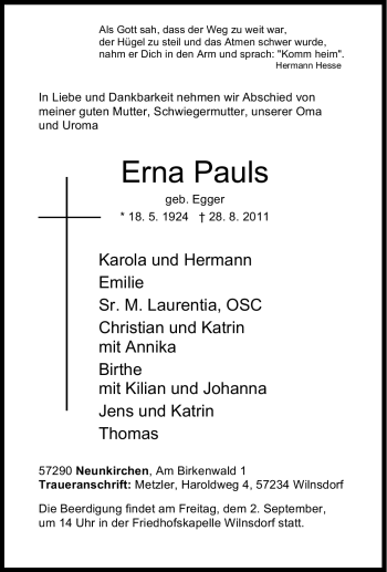 Traueranzeige von Erna Pauls von Tageszeitung