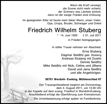Traueranzeige von Friedrich Wilhelm Stuberg von Tageszeitung