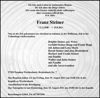 Traueranzeige von Franz Steiner von Tageszeitung