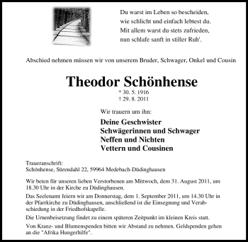Traueranzeige von Theodor Schönhense von Tageszeitung