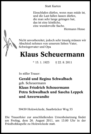 Traueranzeige von Klaus Scheuermann von Tageszeitung