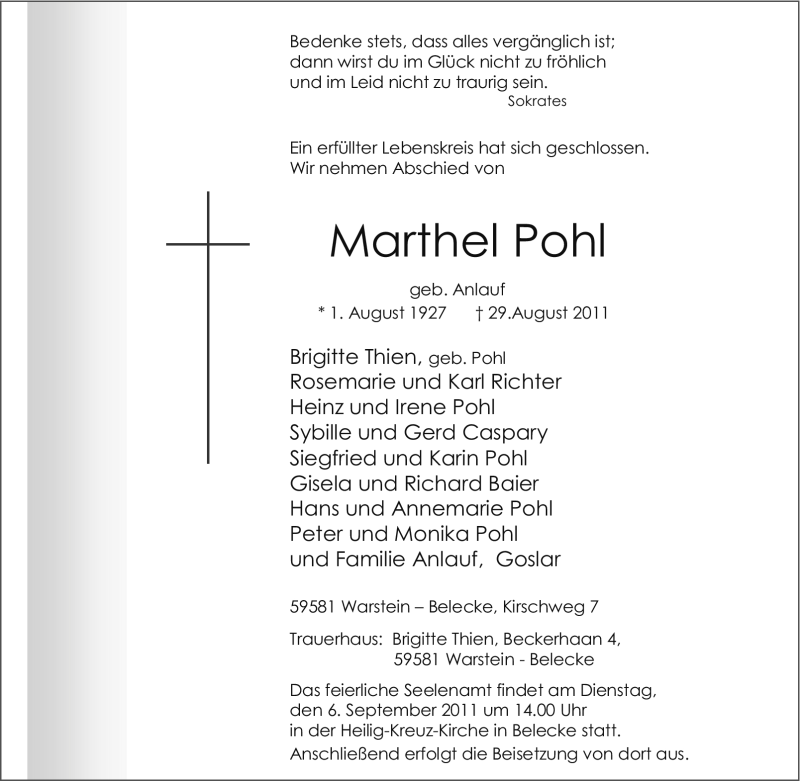  Traueranzeige für Martel Pohl vom 31.08.2011 aus Tageszeitung