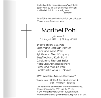 Traueranzeige von Martel Pohl von Tageszeitung