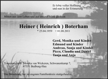 Traueranzeige von Heiner Boterham von Tageszeitung