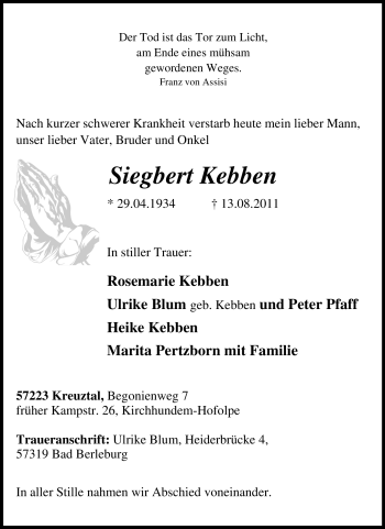 Traueranzeige von Siegbert Kebben von Tageszeitung