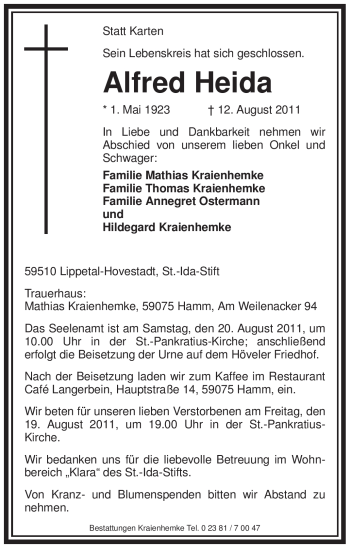 Traueranzeige von Alfred Heida von Tageszeitung