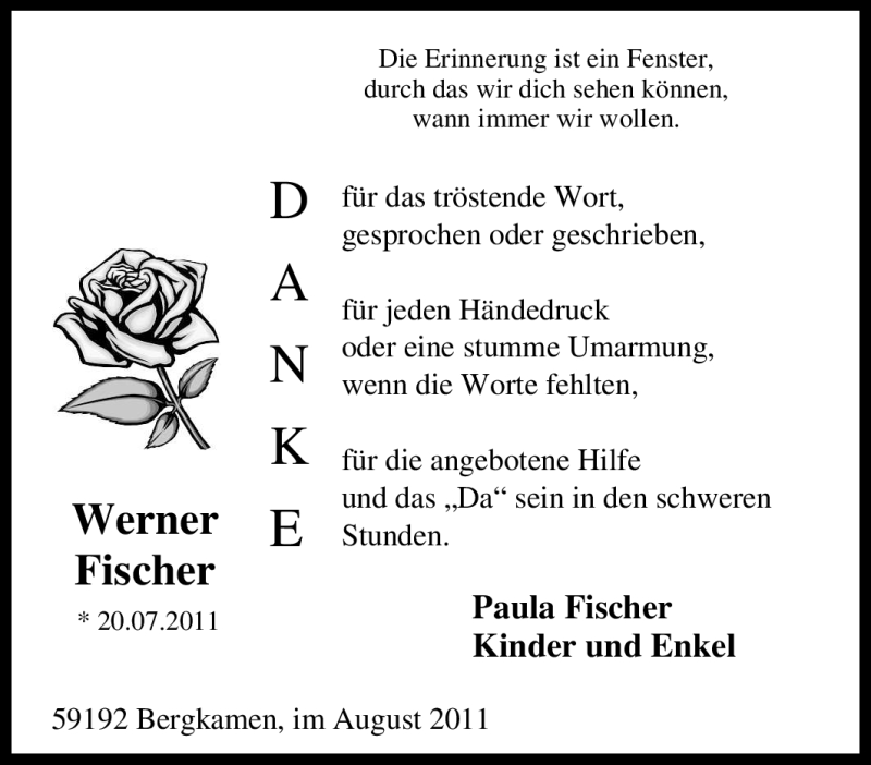  Traueranzeige für Werner Fischer vom 19.08.2011 aus Tageszeitung