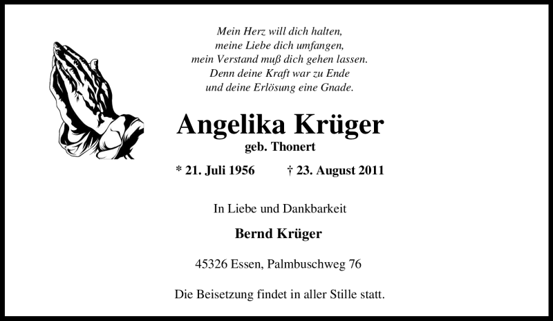  Traueranzeige für Angelika Krüger vom 27.08.2011 aus Tageszeitung