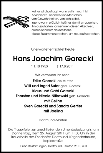 Traueranzeige von Hans Joachim Gorecki von Tageszeitung