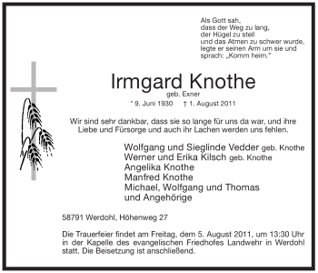 Traueranzeige von Irmgard Knothe von Tageszeitung
