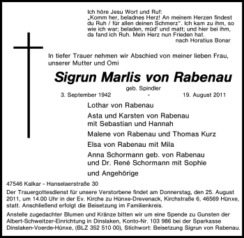 Traueranzeige von Sigrun Marlis von Rabenau von Tageszeitung