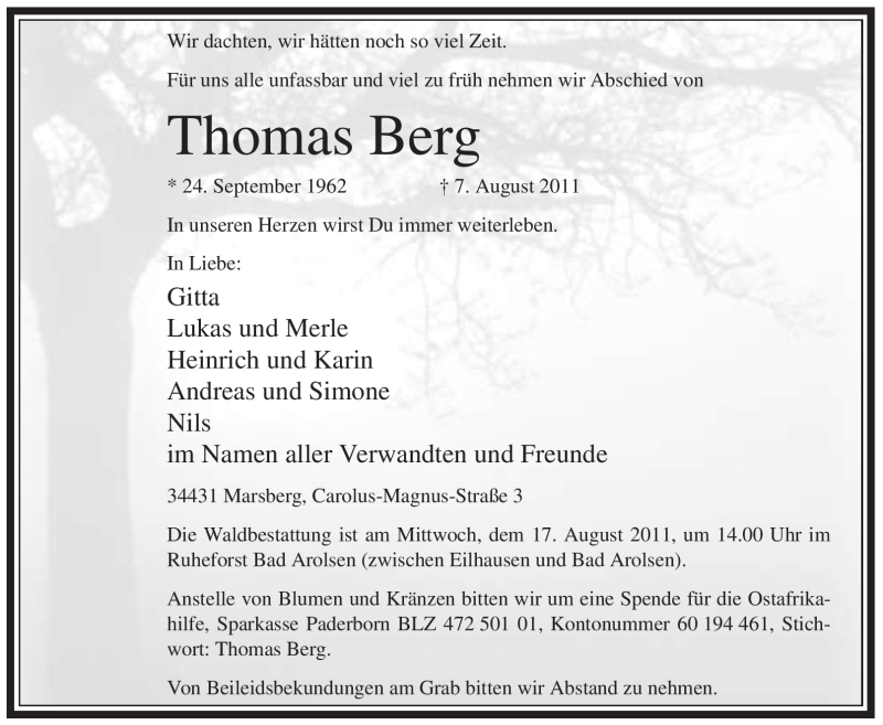  Traueranzeige für Thomas Berg vom 13.08.2011 aus Tageszeitung