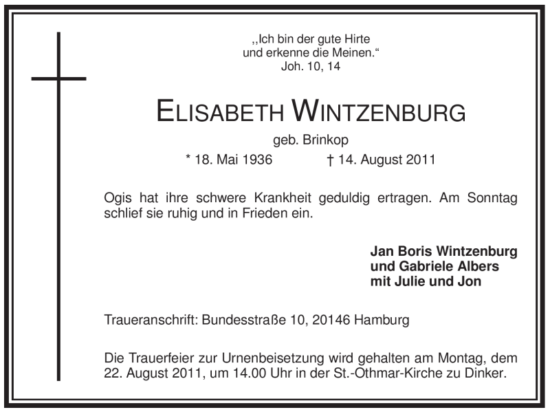  Traueranzeige für Elisabeth Wintzenburg vom 20.08.2011 aus Tageszeitung