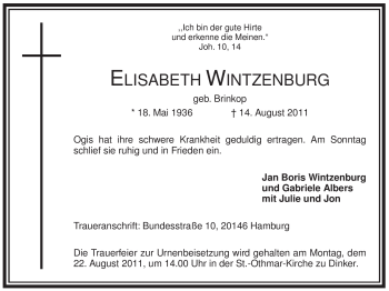 Traueranzeige von Elisabeth Wintzenburg von Tageszeitung