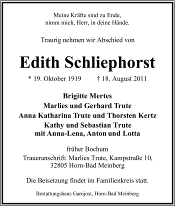 Traueranzeige von Edith Schliephorst von Tageszeitung