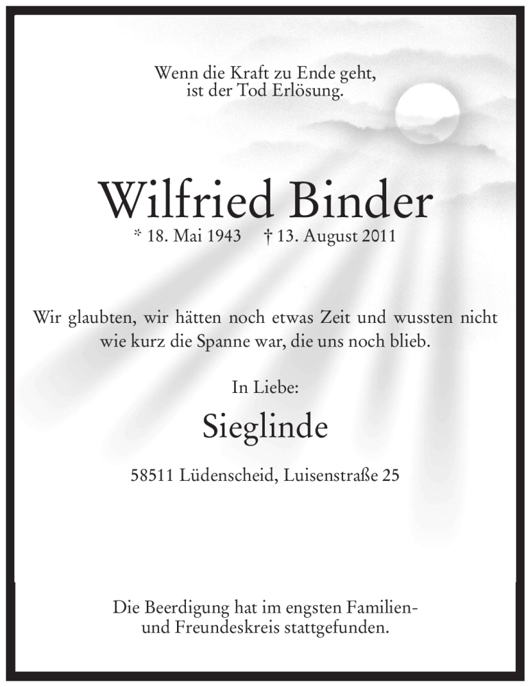  Traueranzeige für Wilfried Binder vom 20.08.2011 aus Tageszeitung