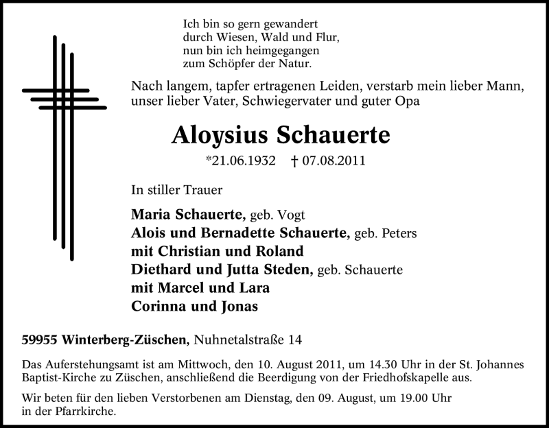  Traueranzeige für Aloysius Schauerte vom 08.08.2011 aus Tageszeitung