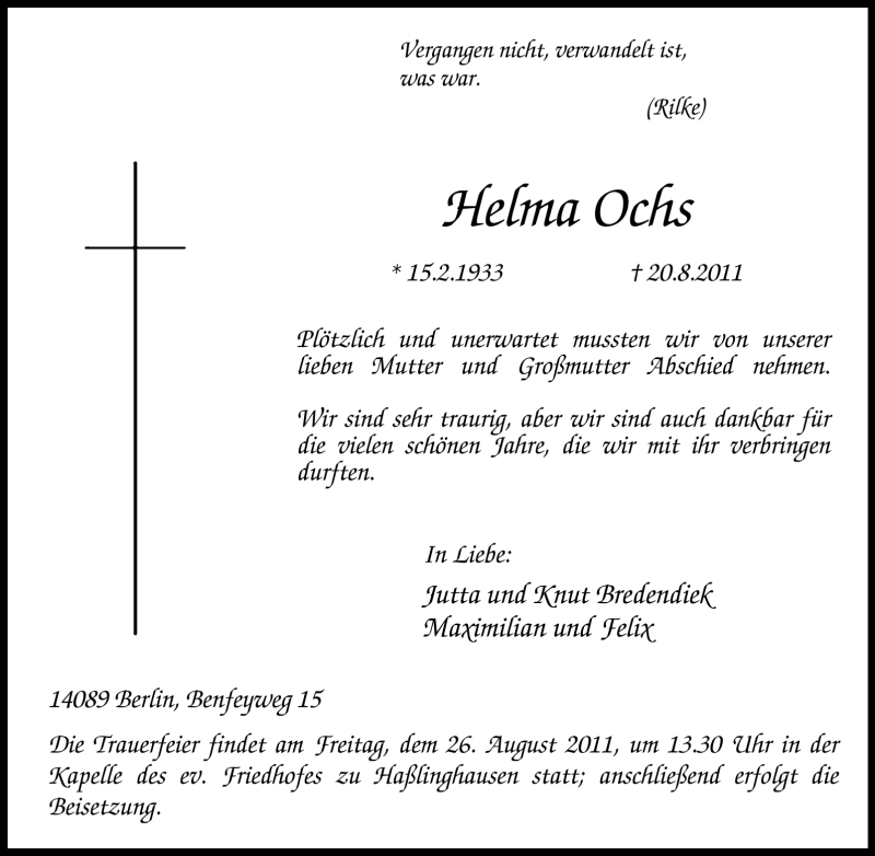  Traueranzeige für Helma Ochs vom 24.08.2011 aus Tageszeitung