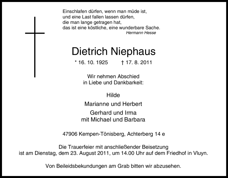  Traueranzeige für Dietrich Niephaus vom 19.08.2011 aus Tageszeitung