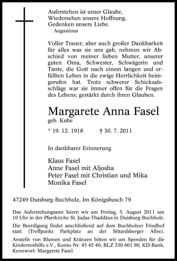 Traueranzeige von Margarete Anna Fasel von Tageszeitung