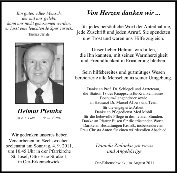 Traueranzeige von Helmut Pientka von Tageszeitung
