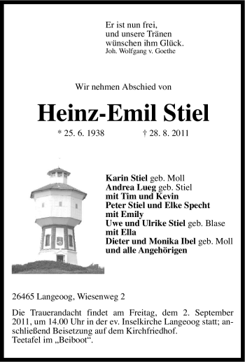Traueranzeige von Heinz-Emil Stiel von Tageszeitung