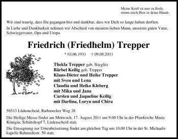 Traueranzeige von Friedrich Trepper von Tageszeitung