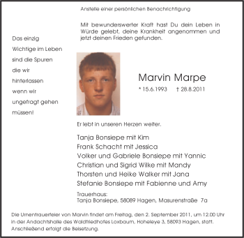 Traueranzeige von Marvin Marpe von Tageszeitung