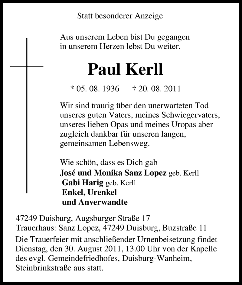  Traueranzeige für Paul Kerll vom 27.08.2011 aus Tageszeitung