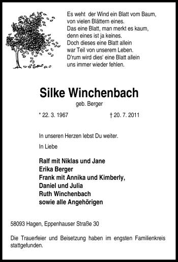 Traueranzeige von Silke Winchenbach von Tageszeitung
