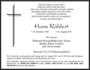 Traueranzeige von Hans Rählert von Tageszeitung