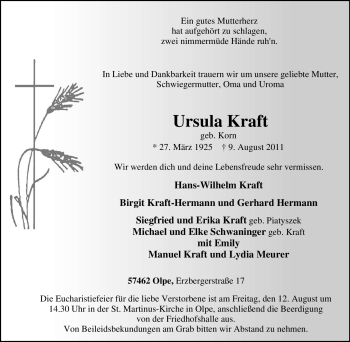 Traueranzeige von Ursula Kraft von Tageszeitung