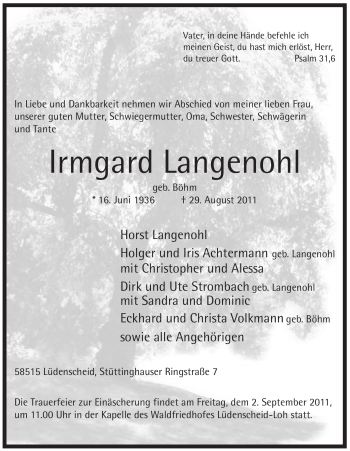 Traueranzeige von Irmgard Langenohl von Tageszeitung