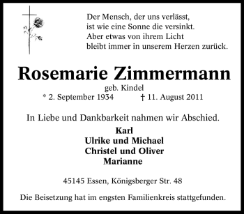 Traueranzeige von Rosemarie Zimmermann von Tageszeitung