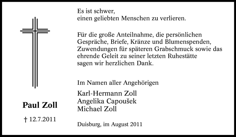  Traueranzeige für Paul Zoll vom 13.08.2011 aus Tageszeitung