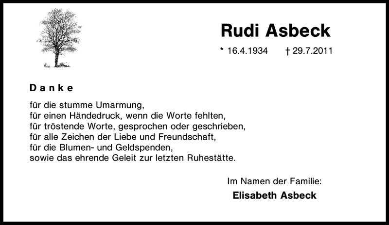  Traueranzeige für Rudi Asbeck vom 20.08.2011 aus Tageszeitung