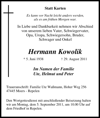 Traueranzeige von Hermann Kowolik von Tageszeitung