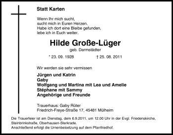 Traueranzeige von Hilde Große-Lüger von Tageszeitung