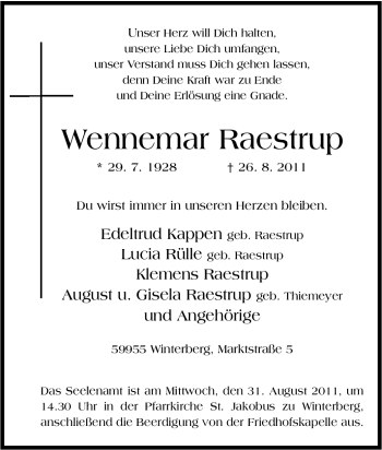 Traueranzeige von Wennemar Raestrup von Tageszeitung