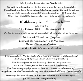 Traueranzeige von Kathleen Tomisch von Tageszeitung