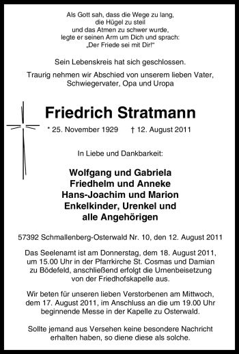 Traueranzeige von Friedrich Stratmann von Tageszeitung
