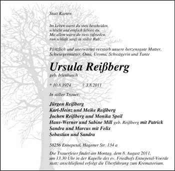 Traueranzeige von Ursula Reißberg von Tageszeitung