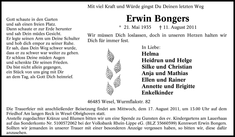  Traueranzeige für Erwin Bongers vom 15.08.2011 aus Tageszeitung