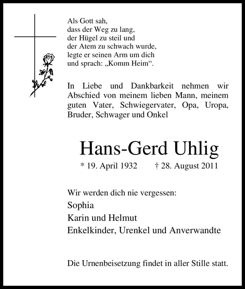  Traueranzeige für Hans-Gerd Uhlig vom 31.08.2011 aus Tageszeitung