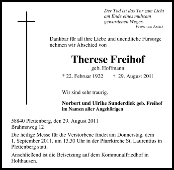 Traueranzeige von Therese Freihof von Tageszeitung